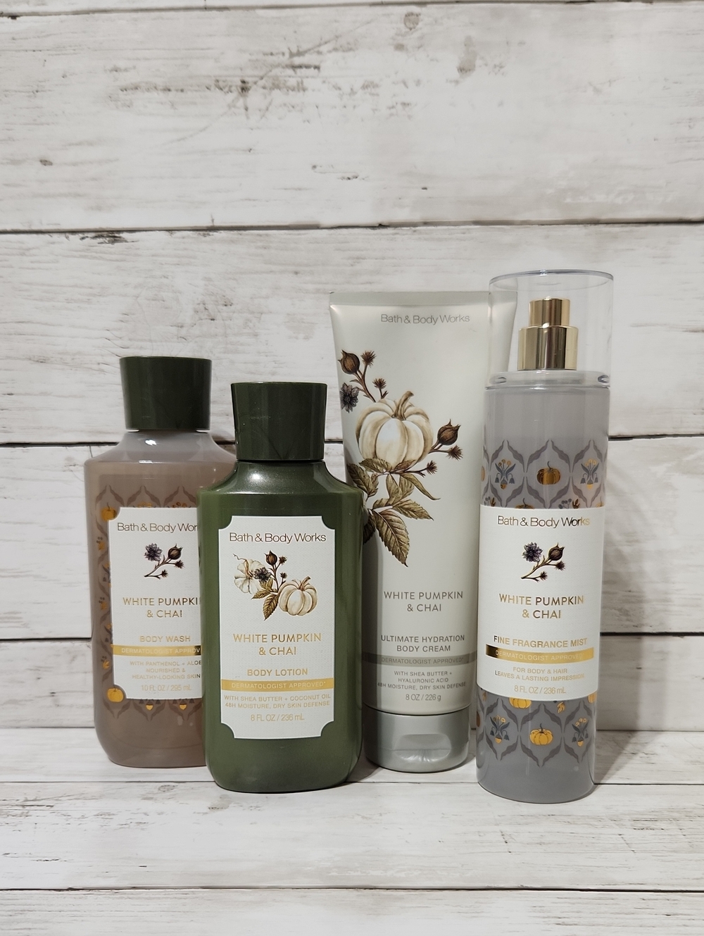 Bath & Body Works White Pumpkin & Chai 4pc Set Gel, Lotion, Cream, Mist